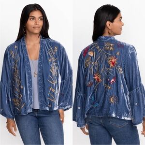 Johnny Was Aria Ruffle Sleeve Blue Velvet Bolero Embroidery Floral Bee Butterfly